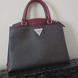 Guess Burgundy and Brown Patterned Handbag